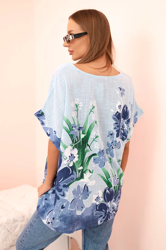 Women's cotton blouse with floral print and short sleeves blue