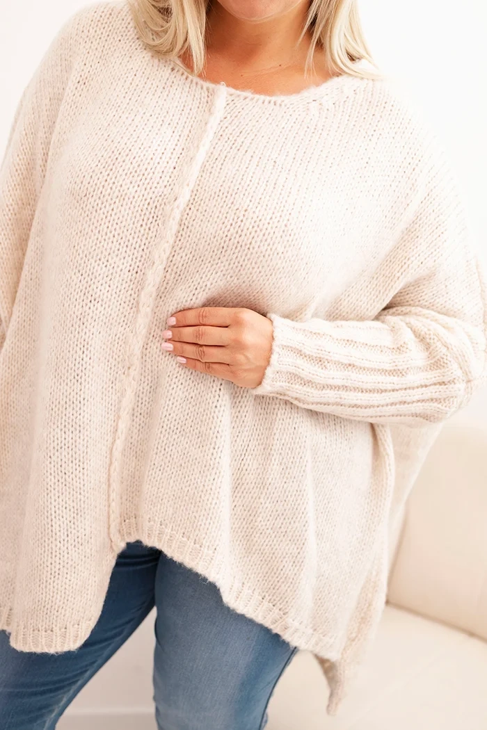 Sweter damska Plus Size z akrylem o luźnym kroju i rękawem 3/4 beżowy
