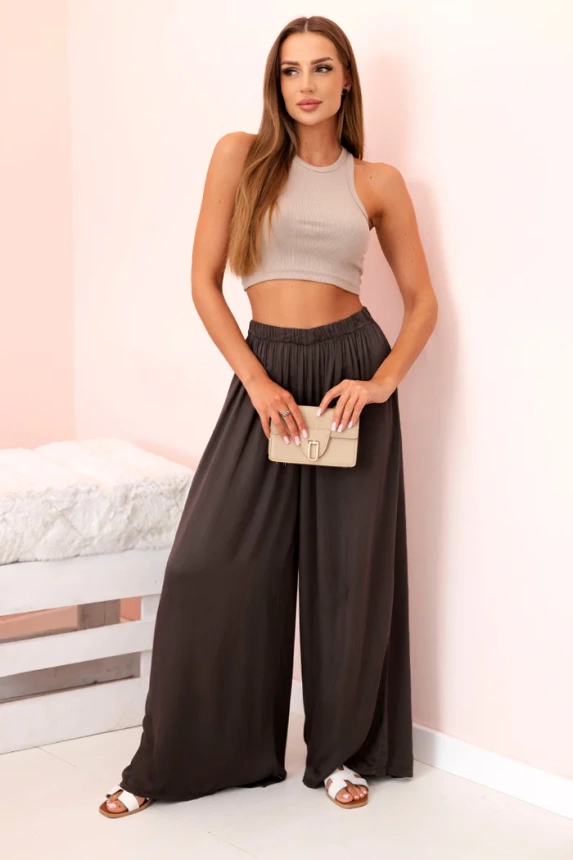 Women's wide viscose trousers with elastic waistband brown