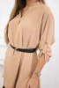 Dress with longer back and belt light camel