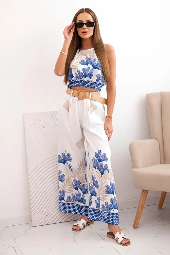 Women's viscose set top and pants with leaf print navy blue