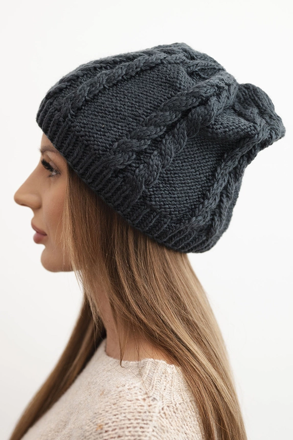 Women's winter wool hat with cable knit K452 graphite