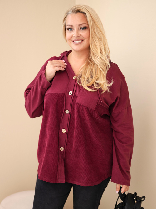 Bluza damska bawełniana Plus Size z kapturem i guzikami bordowa
