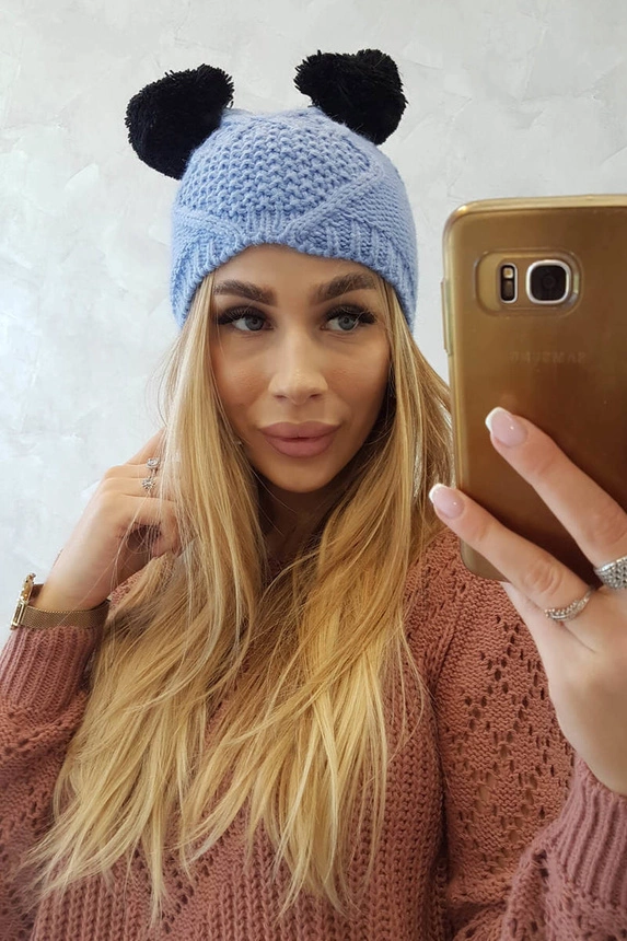 Cap with fleece 2 pompoms K291 blue