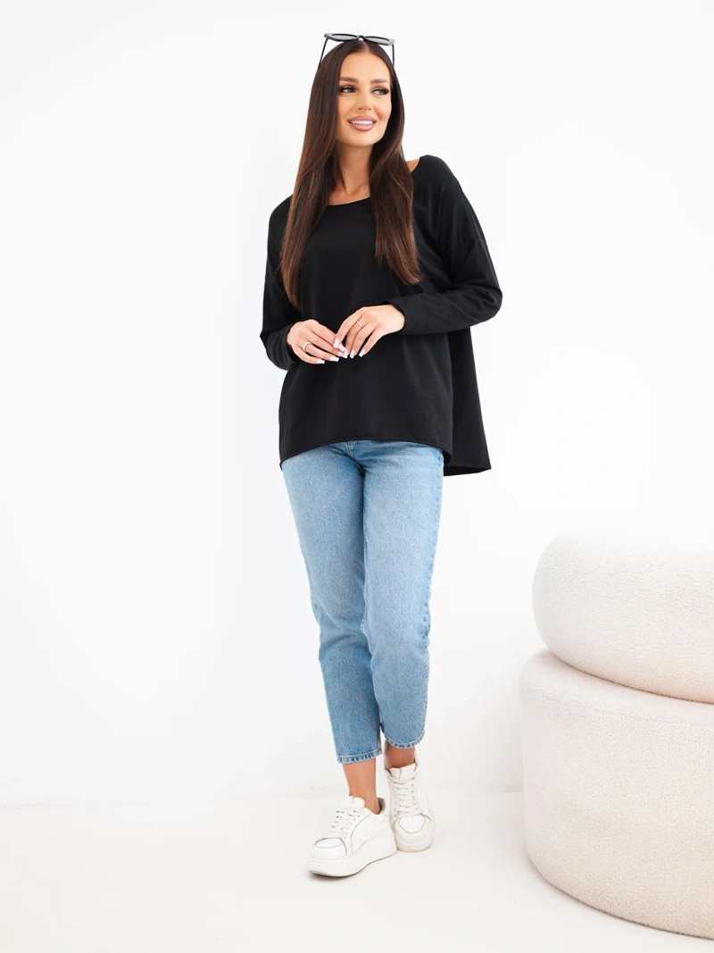 Damen Baumwollbluse mit lockerem Schnitt und verlängertem Rücken schwarz