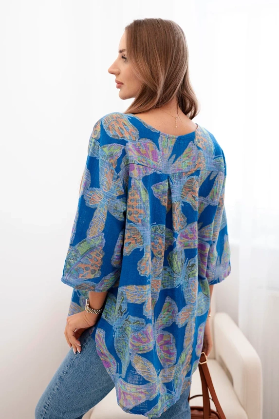 Women's cotton blouse with a butterfly pattern and buttons - cornflower blue
