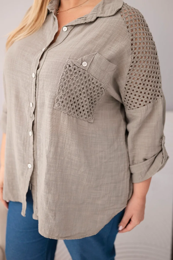 Dámská bavlněná košile Plus Size s límečkem a krajkovou vsadkou fango