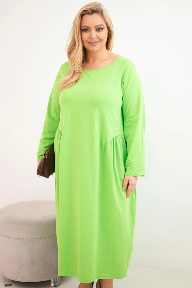 Plus Size women's cotton dress with long sleeves and waist gathering light green