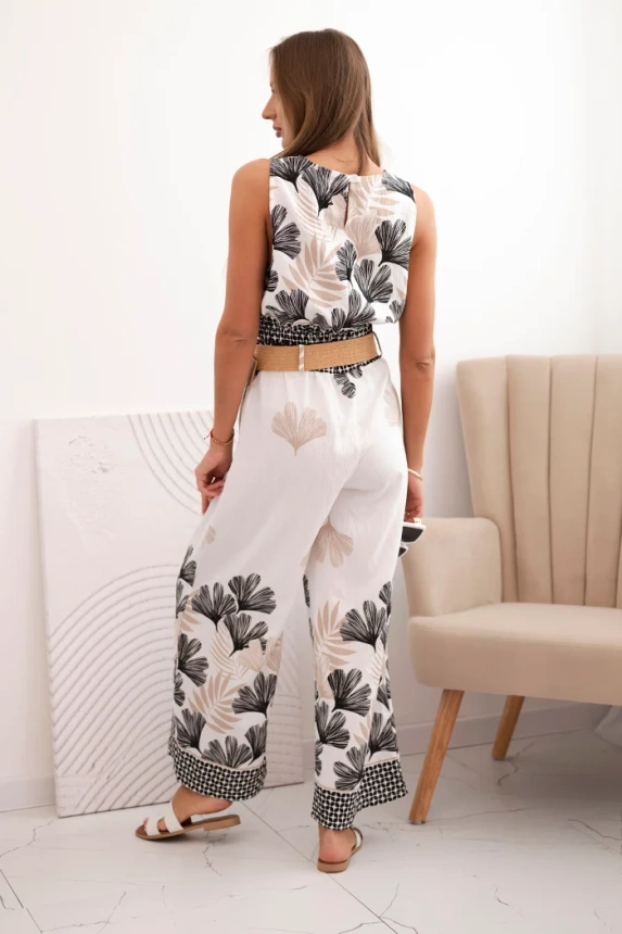 Women's viscose set top and pants with leaf print black