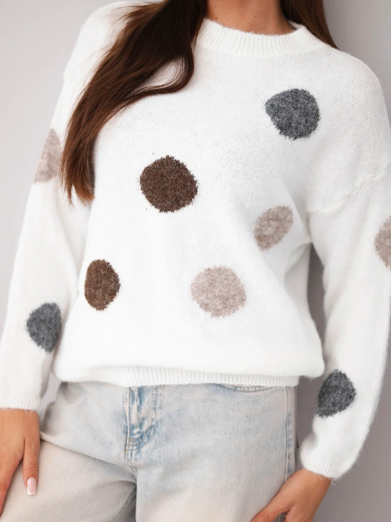 Women's sweater with colorful polka dots with a round neckline ecru