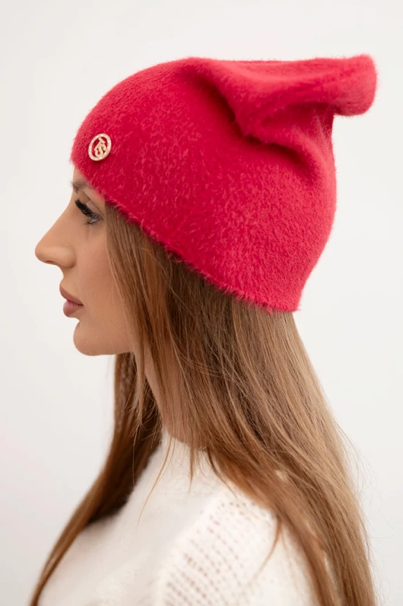Classic women's alpaca hat with decorative plaque raspberry