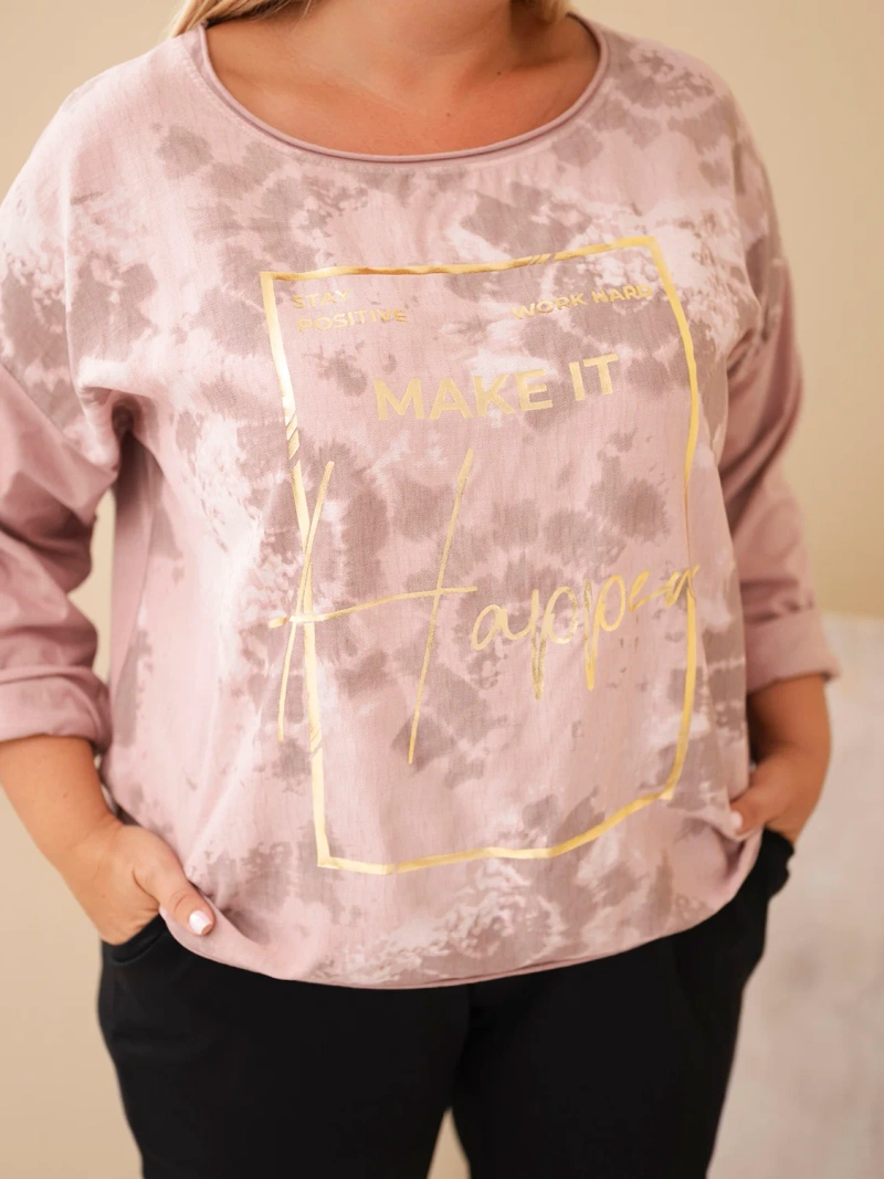 Damen Baumwollbluse Plus Size mit Aufdruck und U-Ausschnitt dunkles pudriges Rosa