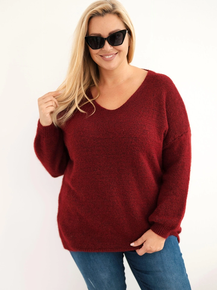 Women’s Plus Size Sweater with Wool V-neck burgundy