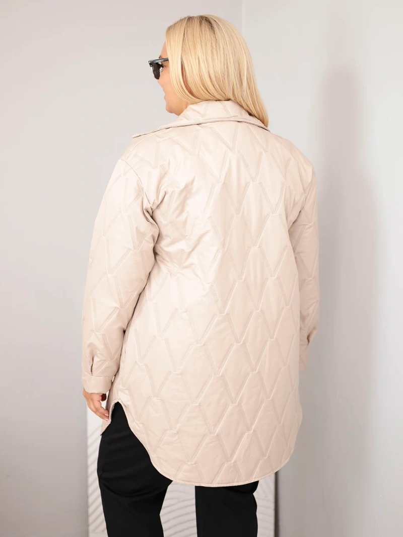 Dámska bunda Plus Size prešívaná s golierom a vreckami tmavohnedá