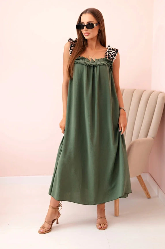 Women's dress with leopard print straps khaki