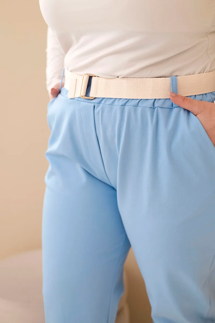 Moteriškos medvilninės kelnės Plus Size su diržu mėlynos