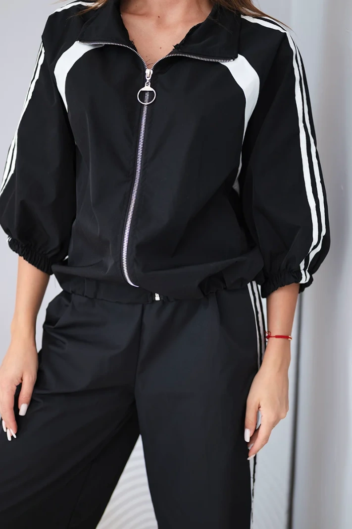 Women's cotton set with wide-leg pants and side stripes black