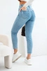 Women's mom fit high-waisted jeans pants with subtle distressing blue