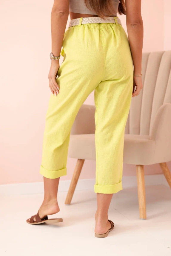 Damen Leinen-Baumwollhose mit Gürtel kiwi