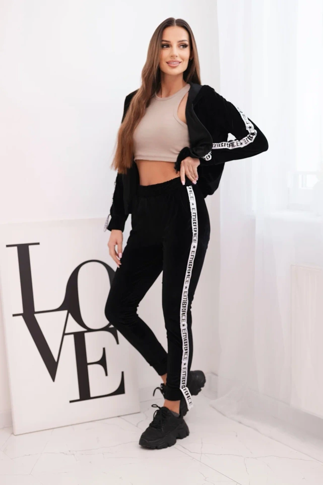 Velor set with decorative stripes black