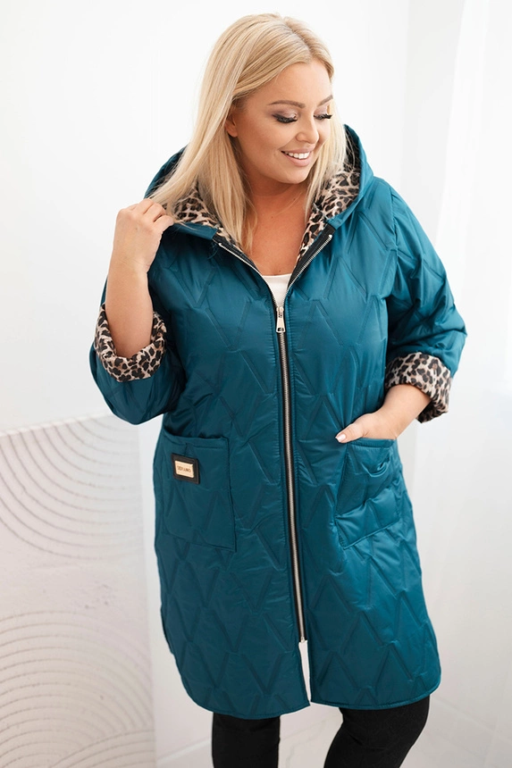 Plus Size women's quilted jacket with leopard lining and hood sea green