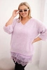 Women's set with a V-neck sweater and a viscose blouse with a lace bottom light purple