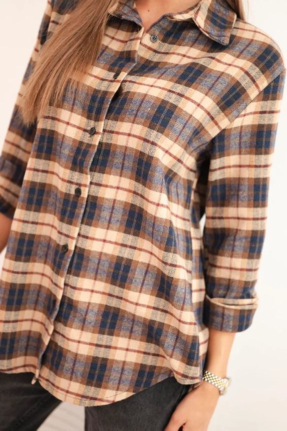 Women's cotton plaid shirt with a longer back camel