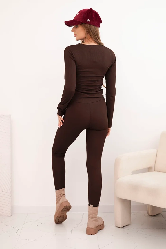 Dámsky bavlnený komplet s dlhým rukávom a legínami hnedý
