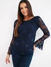 A blouse women's lace with floral pattern and long sleeve navy blue