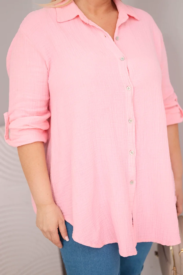 Bavlnená mušelínová košeľa Plus Size cukríková ružová
