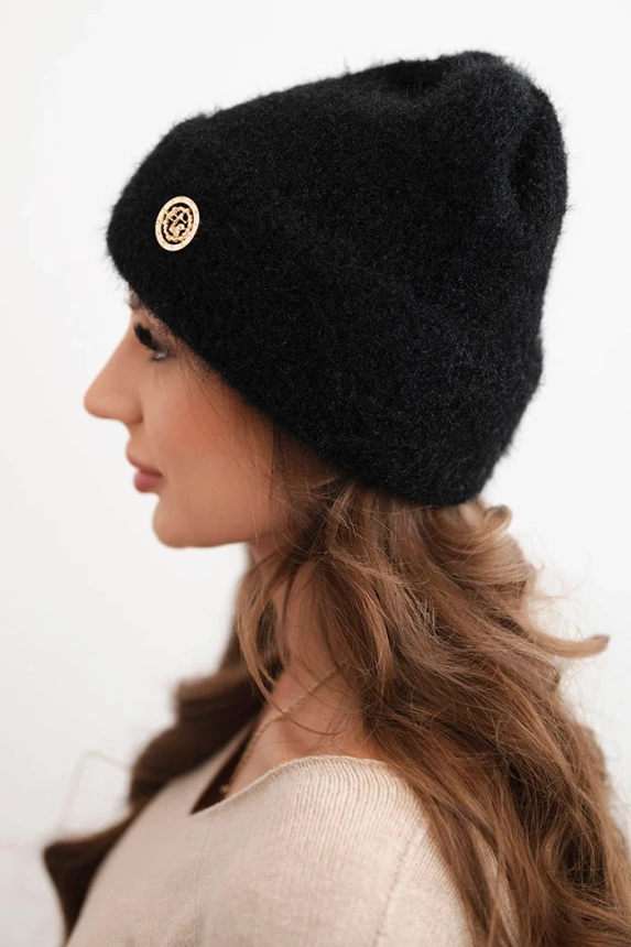 Women's winter fluffy hat with decorative button black