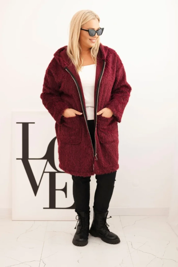Dámský kabát Plus Size z viskózy na zip s kapucí švestkový