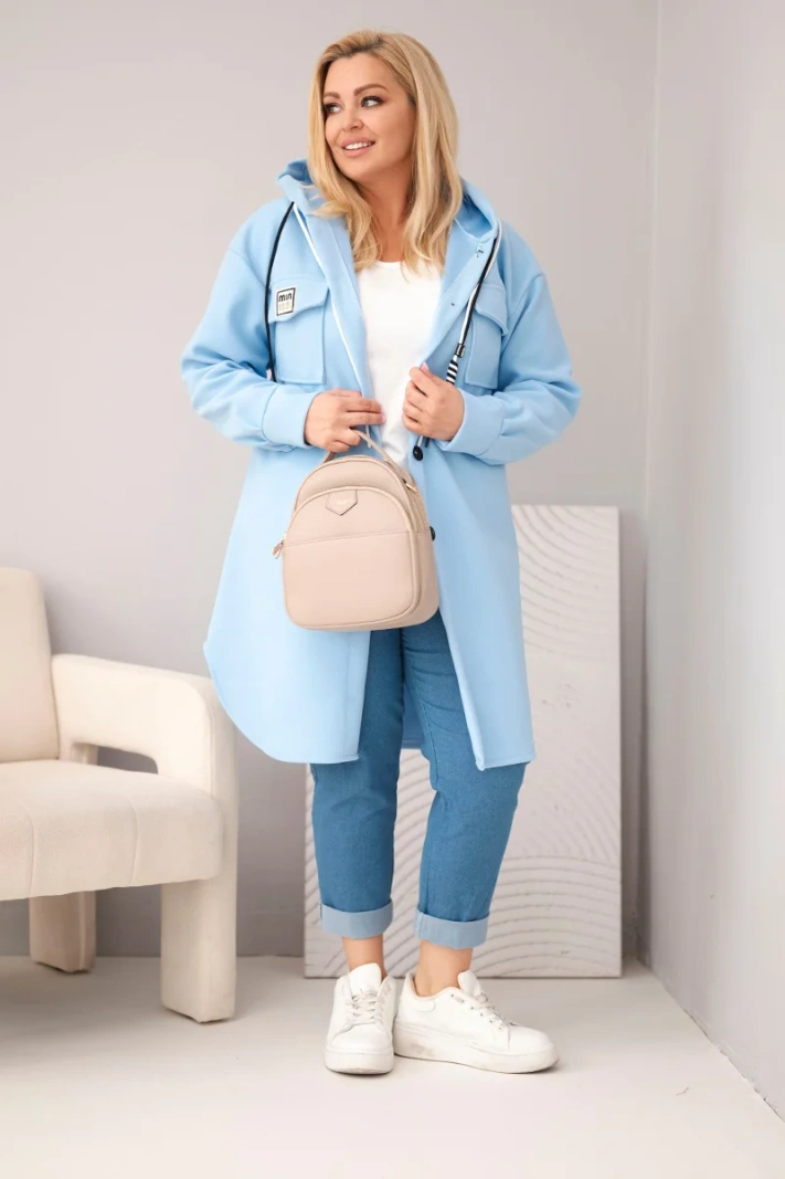 Damenmantel Plus-Size mit Kapuze zum Knöpfen blau