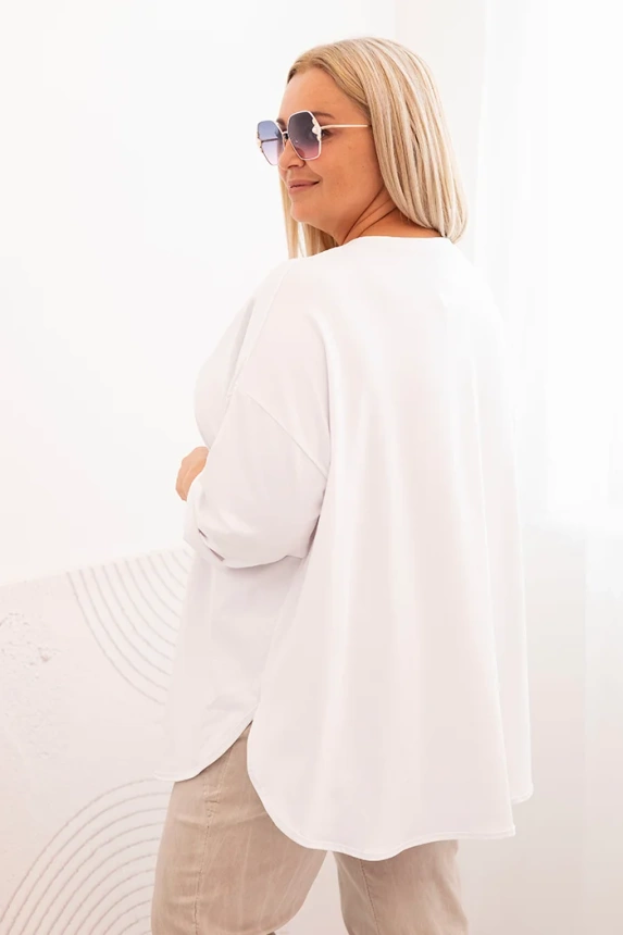 Plus Size women's blouse with cotton, pocket, and rolled-up sleeve white