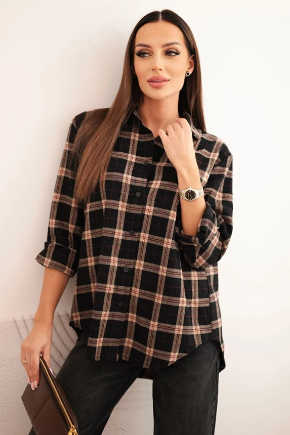 Women's cotton checkered shirt with a longer back black