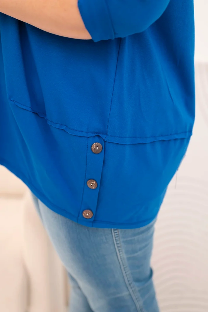 Plus Size women's blouse made of cotton with decorative buttons and rolled-up sleeves cobalt blue
