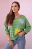 Bluzka bawełniana w paski z kwiatem jasny zielony+fioletowy
