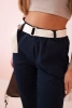 Women's viscose trousers with belt and rolled up leg navy blue