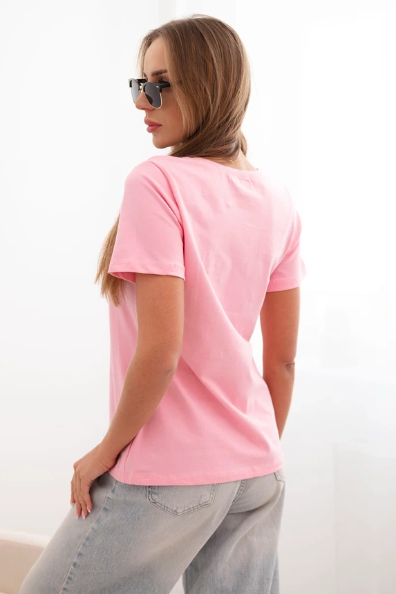 Women's cotton short-sleeve blouse with a patch and pearls light pink