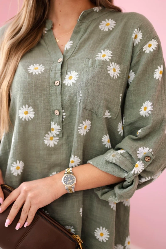 Linen Women's Blouse with Floral Pattern, Long Sleeves, and Buttons khaki