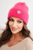 Women's winter fluffy hat with decorative button neon pink