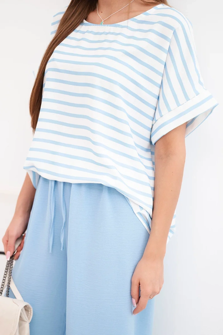 Women's viscose set with a striped blouse and wide pants with an elastic band blue