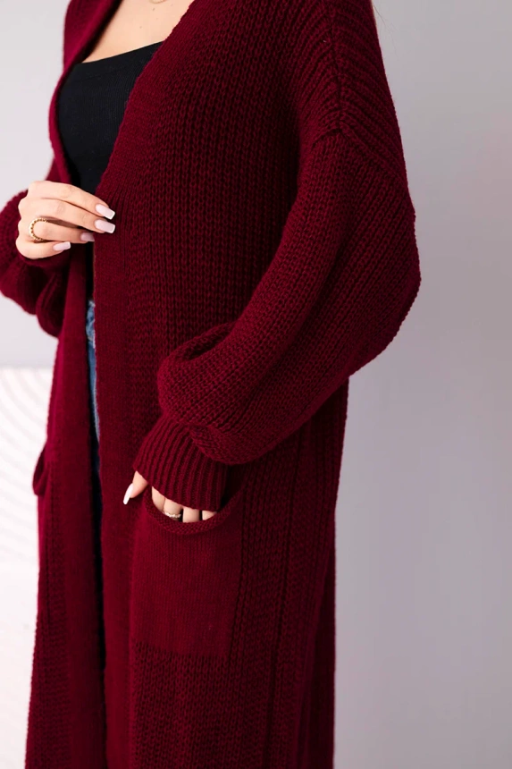 Sweter długi kardigan bordowy