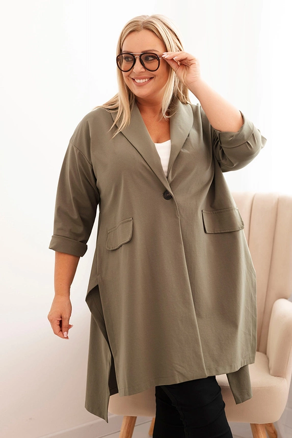 Dámský kardigan Plus Size Punto s bavlnou zapínaný na knoflík khaki