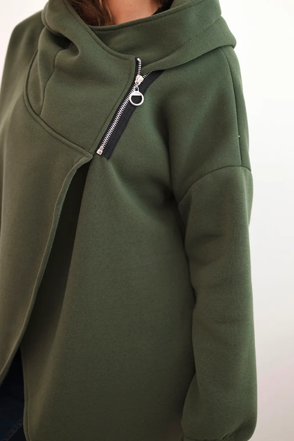 Women's insulated hoodie with an asymmetric zipper khaki