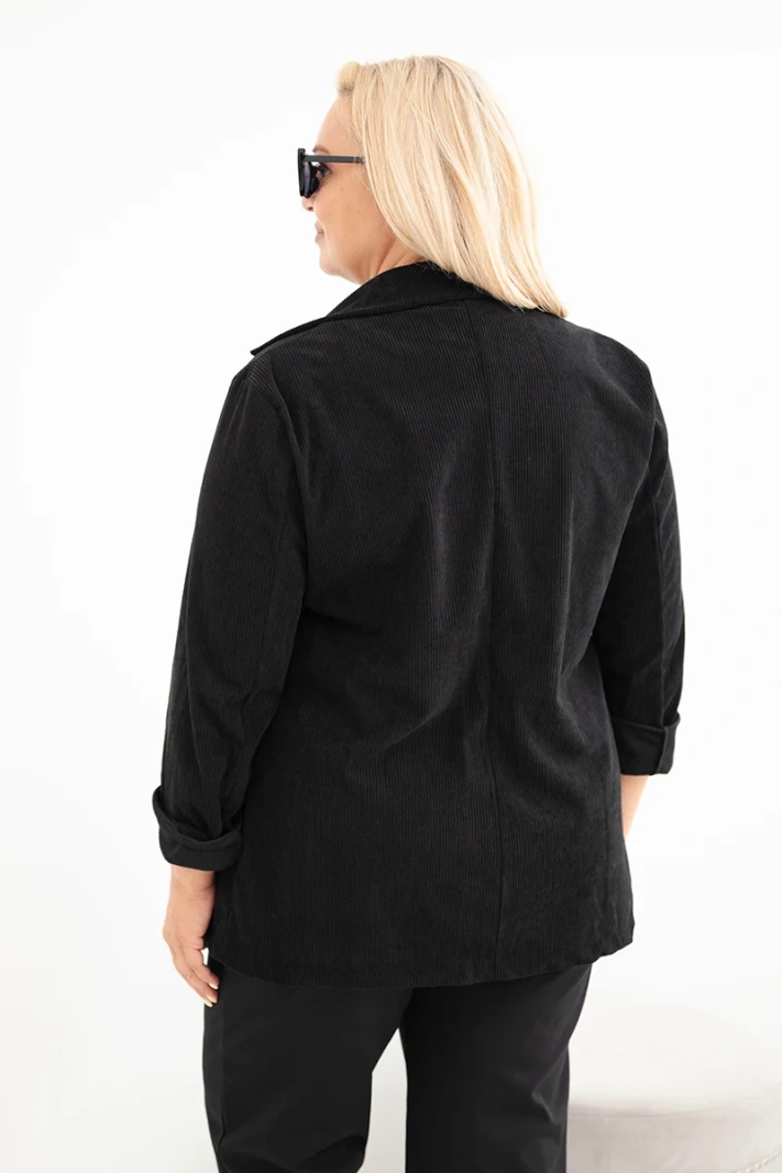 Dámské sako Plus Size manšestrové s klopami a kapsami černá