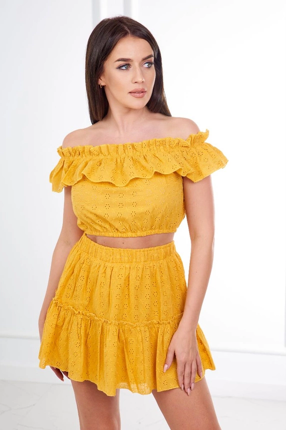 Besticktes Set mit Paillettenbluse senf