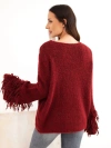 Women's sweater with fringes on the sleeves and a round neckline burgundy