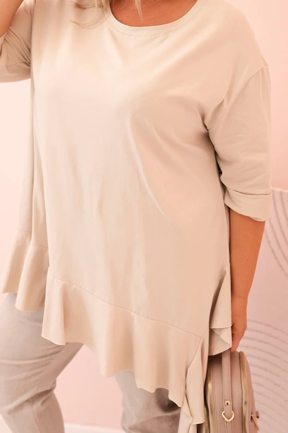 Bluzka damska Plus Size z bawełną z falbaną i rękawem podwijanym beżowa