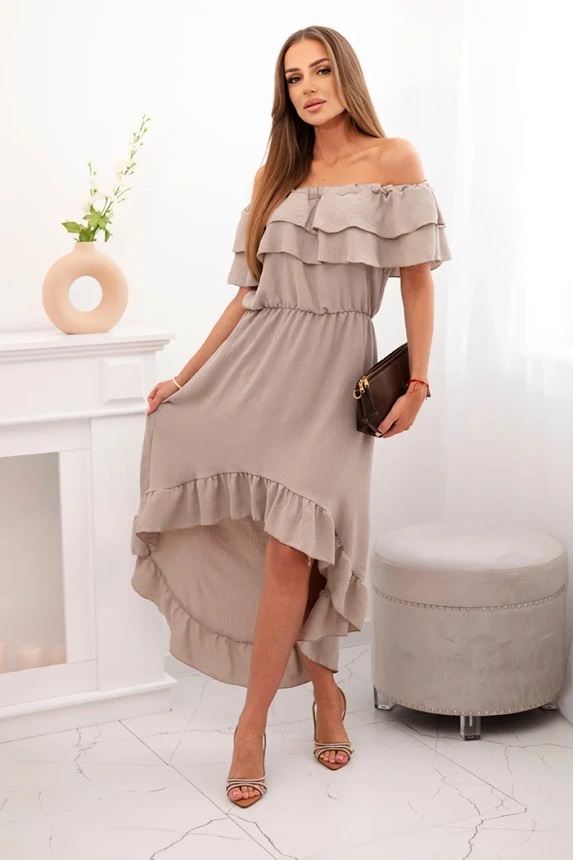 Schulterfreies Damenkleid mit längerem Rücken fango